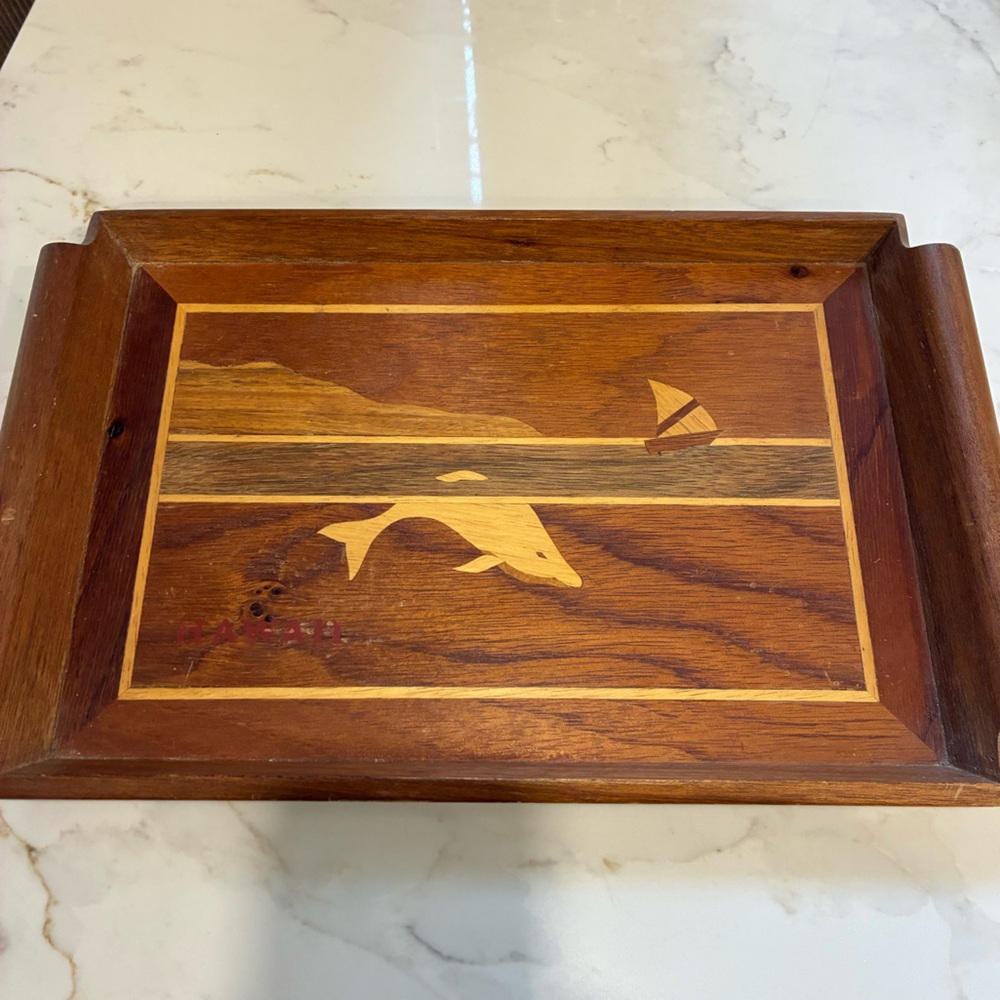 Vintage Wooden Tray with Dolphin and Sailboat Design from Hawaii 80s